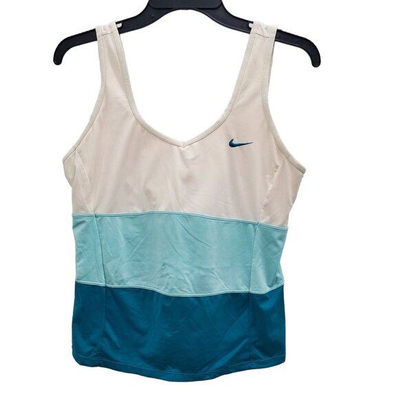 Nike NikeFit Dry Women's White Blue Colorblock Split Back Shelf Bra Tank Sz XL‎ - Picture 1 of 7